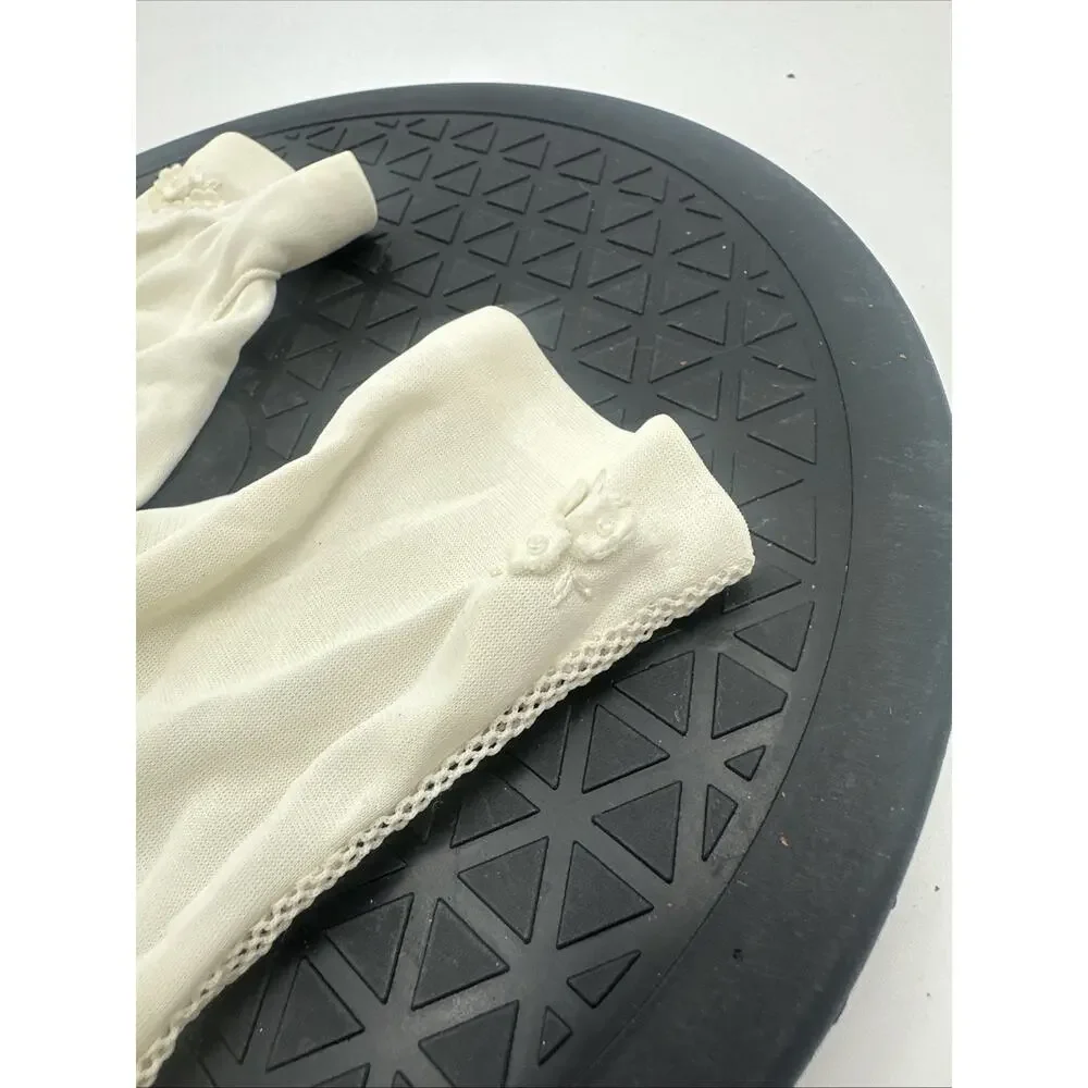 VTG Dress Gloves Little Girl Stretch Nylon Beige White w/ Flowers Small